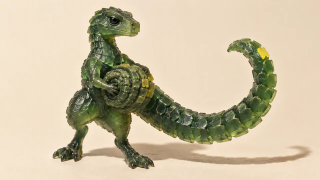 A translucent green resin dinosaur holds a tightly packed, rounded coil beside its long, sharply scaled tail. Yellow accents punctuate the resin, with a hard shadow across the ivory background.