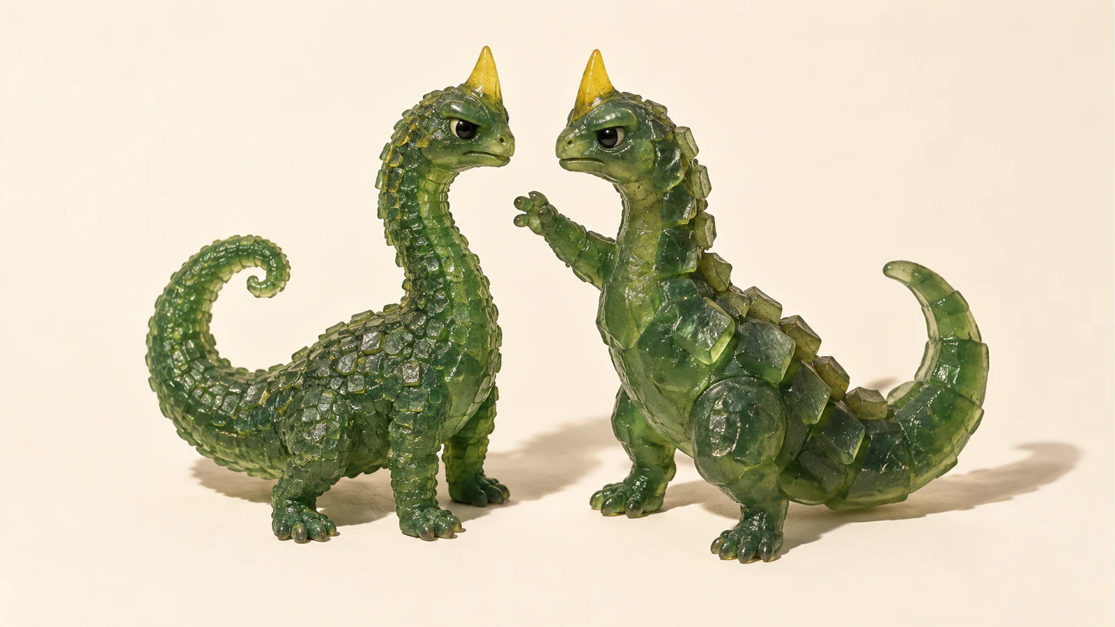 Two translucent green resin dinosaurs face each other on ivory, with matching yellow horns but different scale sizes and curled tails. The chunkier dinosaur raises a forepaw; both cast distinct shadows.