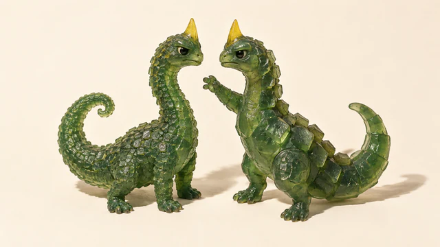 Two translucent green resin dinosaurs face each other on ivory, with matching yellow horns but different scale sizes and curled tails. The chunkier dinosaur raises a forepaw; both cast distinct shadows.