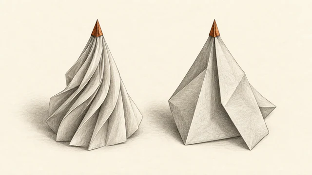 Two graphite-shaded folded paper sculptures stand on warm ivory paper with matching copper pointed tips. The left has many narrow folds; the right has broad angular planes.