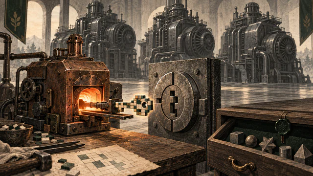 A compact copper furnace makes a mosaic key for one abstract lock while enormous general engines stand idle behind it.