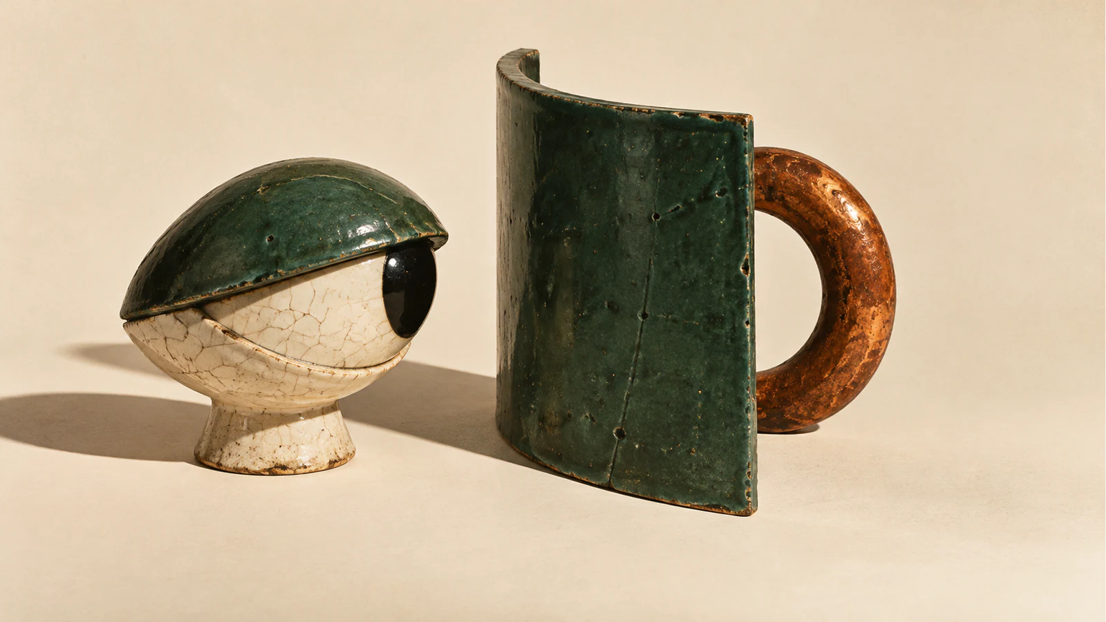 A cracked ivory ceramic eye faces a curved forest-green screen that conceals part of a copper-colored loop. Hard shadows fall across a warm ivory background.