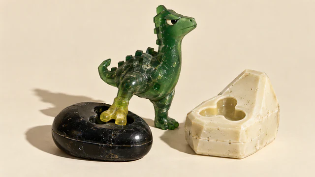 A skeptical green resin dinosaur places a yellow foot into a rounded black socket beside an angular ivory socket with a matching opening. Scuffs, bubbles and strong shadows texture the warm ivory scene.