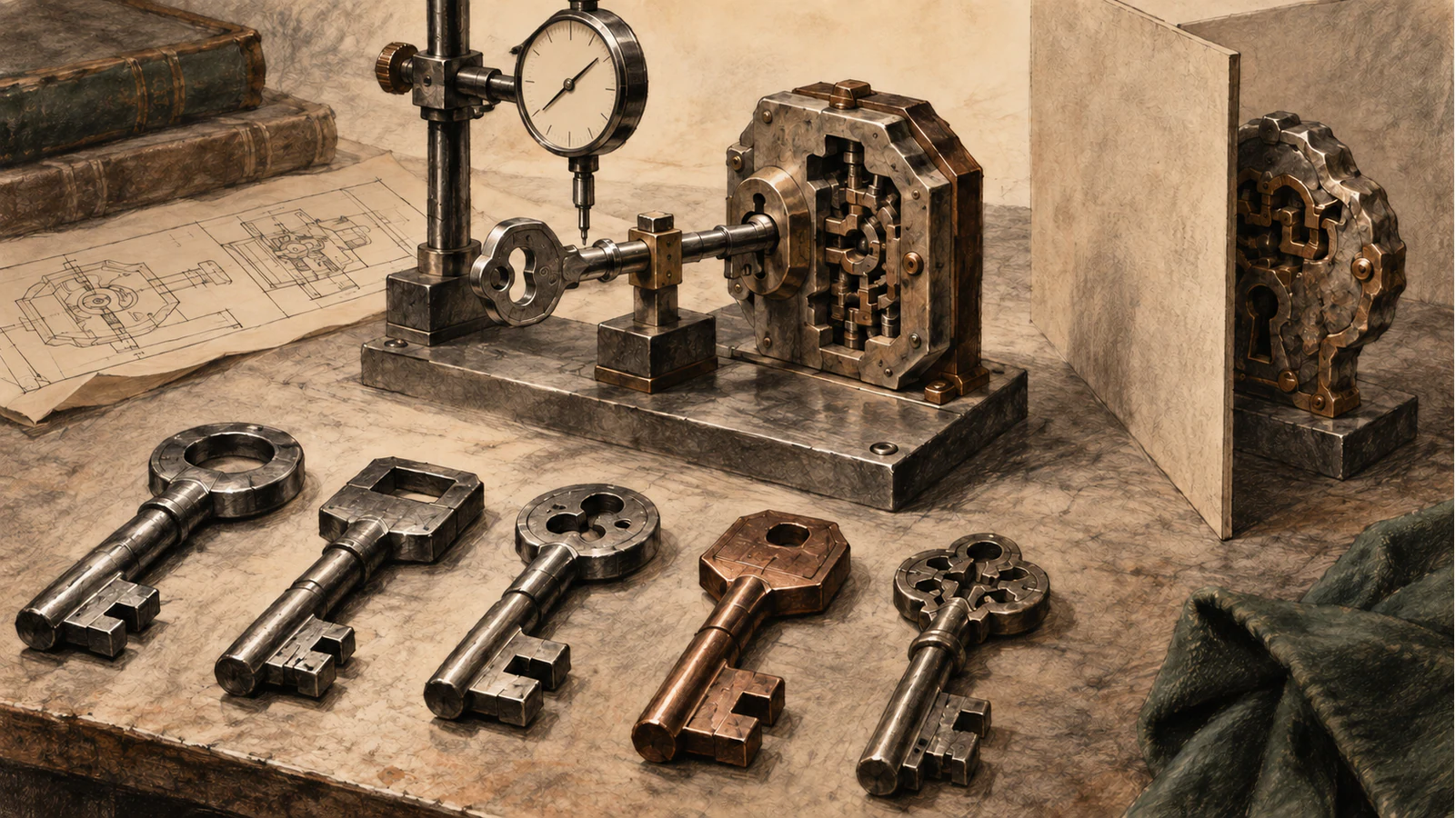 Different tool-steel keys face a precision test fixture and a second partly concealed lock, with no declared winner.