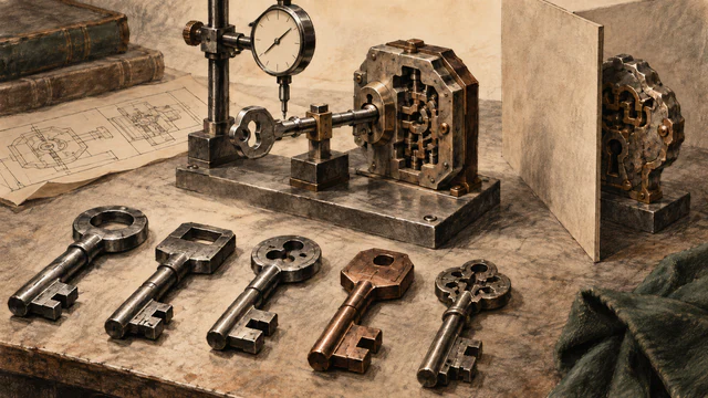Different tool-steel keys face a precision test fixture and a second partly concealed lock, with no declared winner.