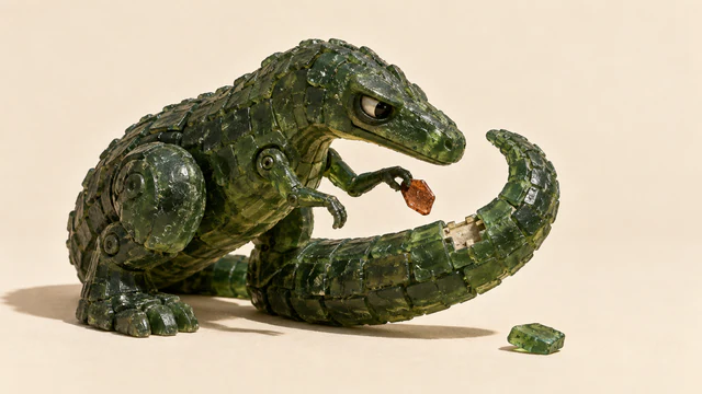 A scuffed green resin dinosaur holds a copper-colored patch above a gap in its curled, tiled tail. A loose green scale rests on the ivory floor under hard shadows.