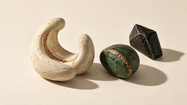 An empty ivory ceramic embrace sits beside a rounded forest-green piece with copper trim and an angular black piece. Pitted glazes and hard shadows stand out against a warm ivory background.