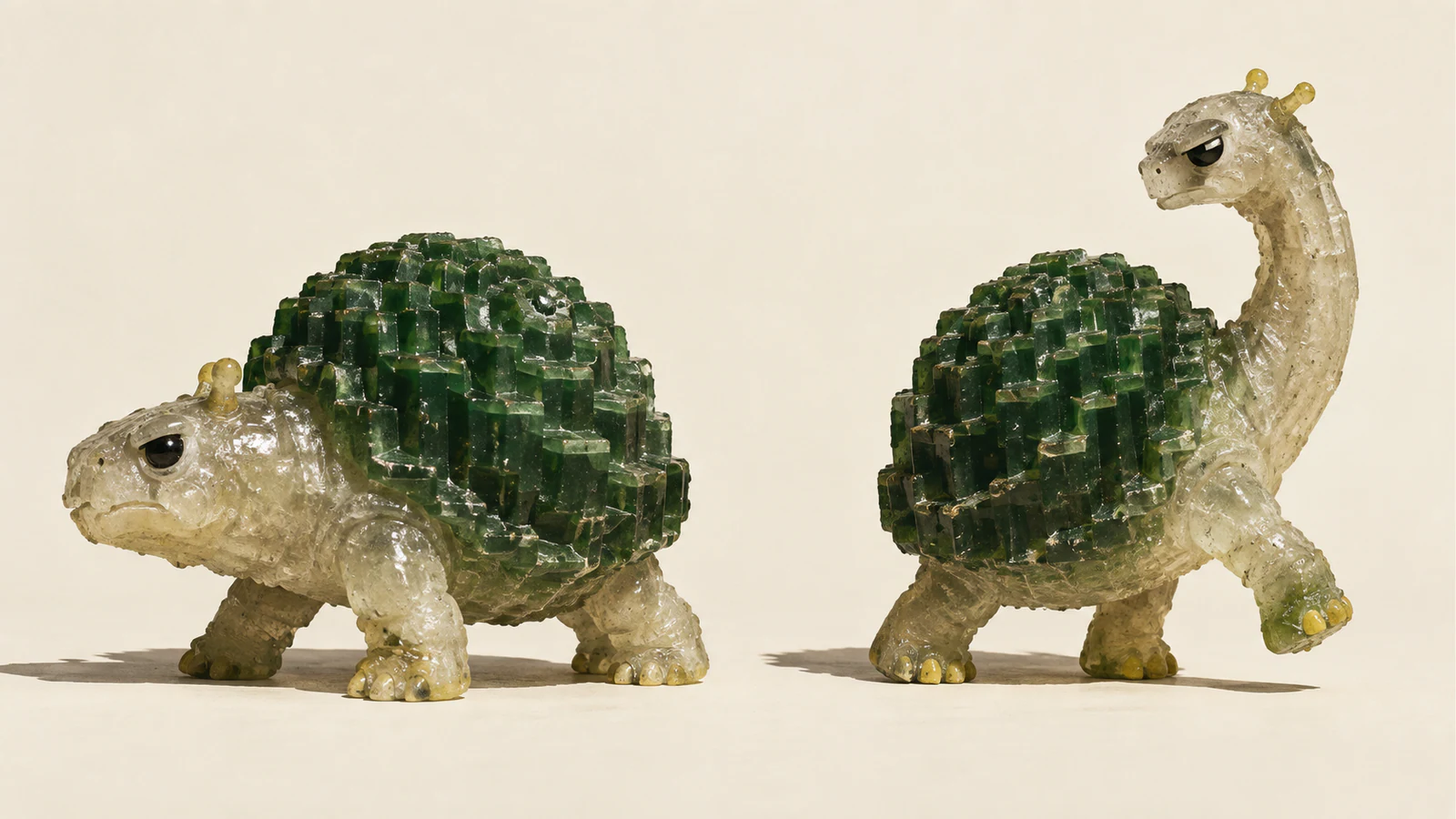 Two translucent resin dinosaur-like creatures with matching blocky green shells on an ivory ground. One crouches facing left; the other steps right with its long neck turned back. Yellow details and hard shadows accent their irregular surfaces.
