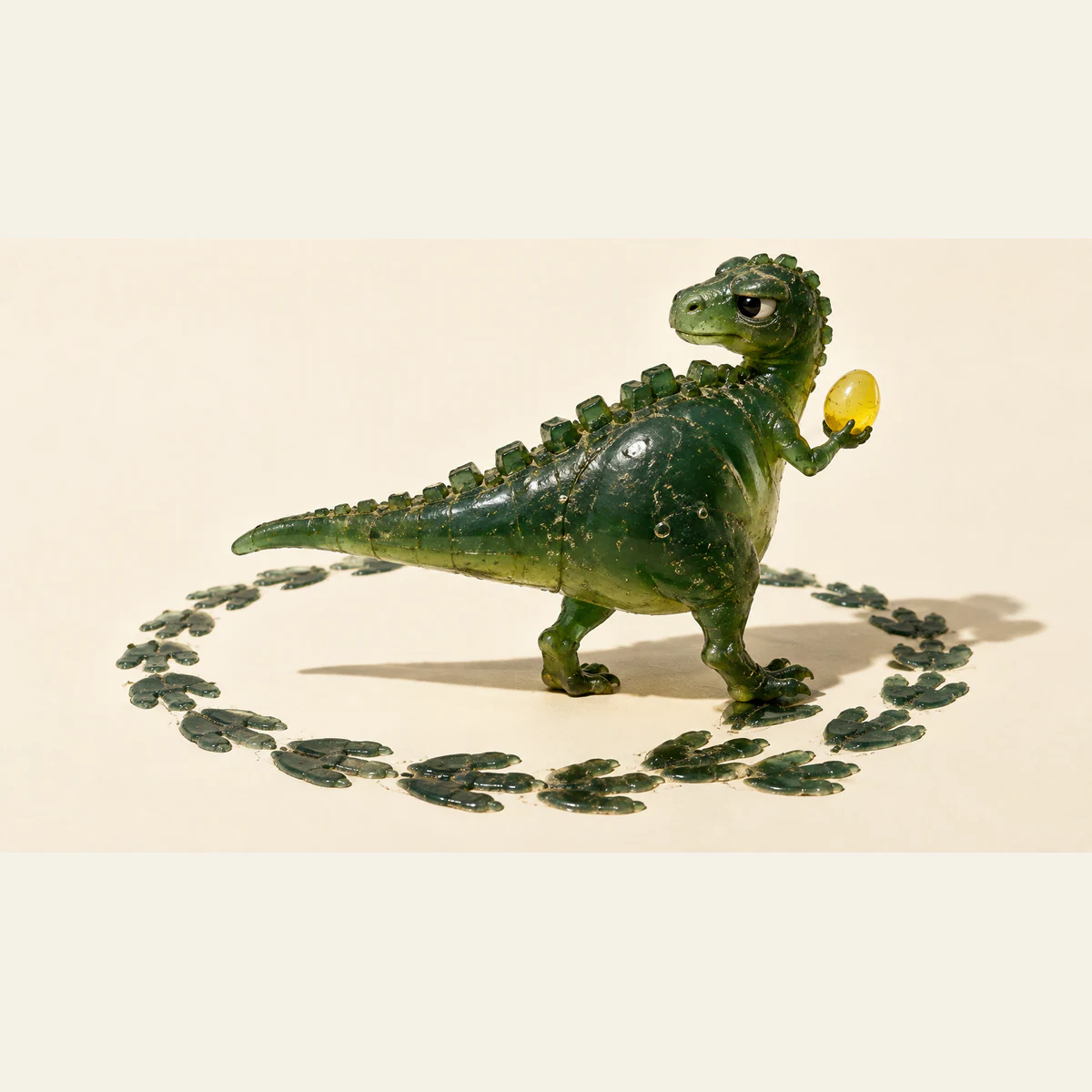 A scuffed translucent green dinosaur holds a yellow resin egg and looks backward while standing on a circular trail of overlapping footprints. Hard shadows fall across the warm ivory background.