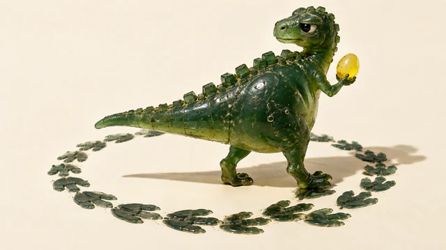 A scuffed translucent green dinosaur holds a yellow resin egg and looks backward while standing on a circular trail of overlapping footprints. Hard shadows fall across the warm ivory background.