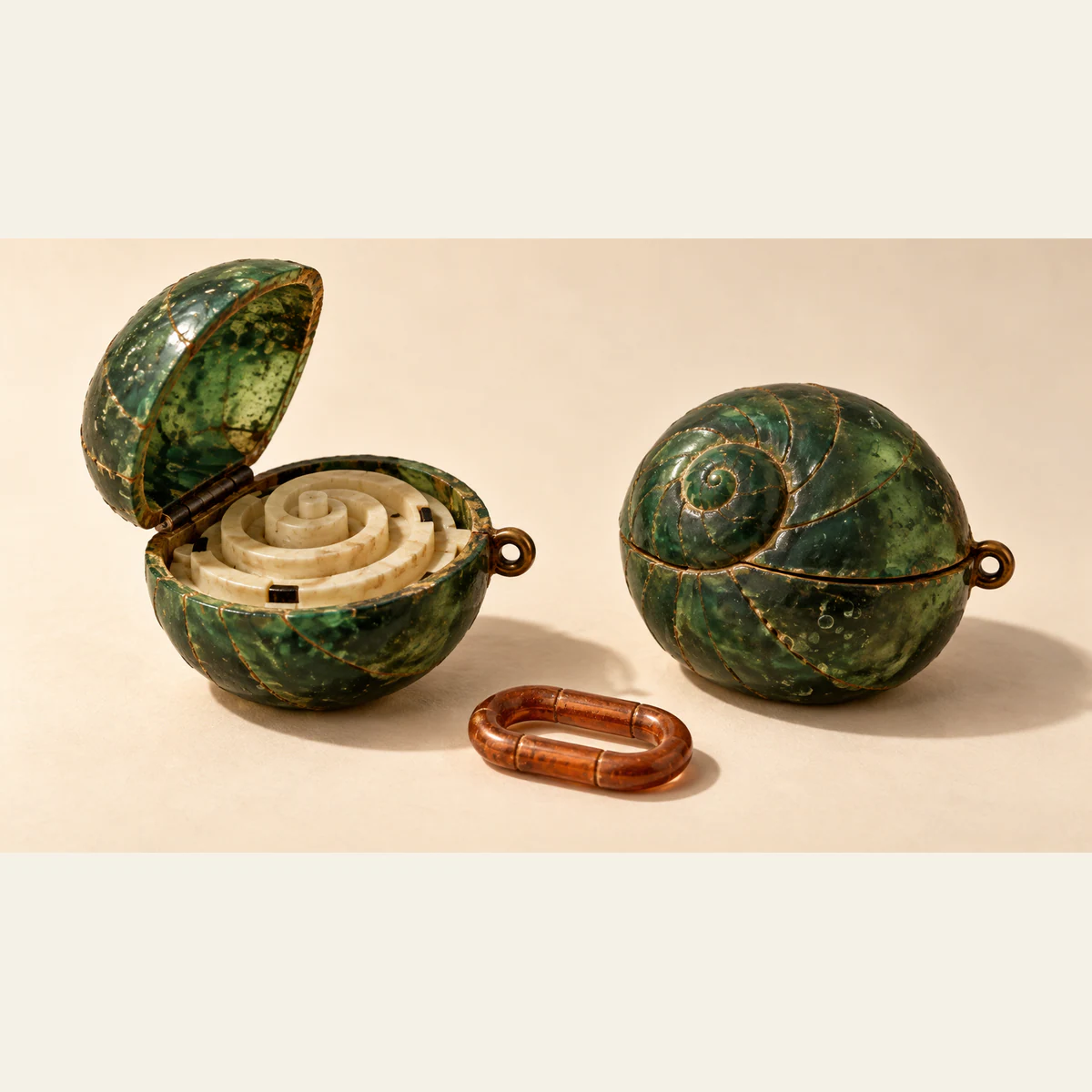 Two mottled forest-green spiral shell containers on an ivory surface: one opens to reveal an ivory spiral interior, while the other remains closed. An unattached copper-colored oval link rests between them, casting a hard shadow.