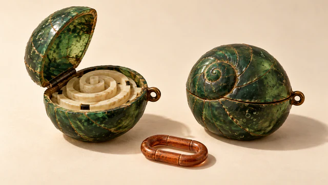 Two mottled forest-green spiral shell containers on an ivory surface: one opens to reveal an ivory spiral interior, while the other remains closed. An unattached copper-colored oval link rests between them, casting a hard shadow.