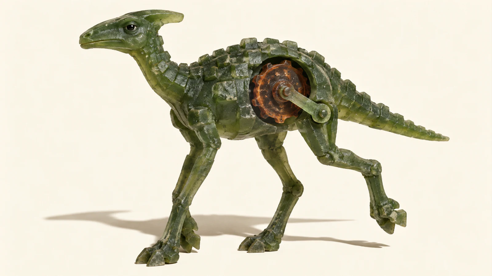 A scuffed translucent green resin dinosaur strides across an ivory background. A copper-colored wheel exposed in its flank connects to a raised hind leg, while hard light casts a long shadow.