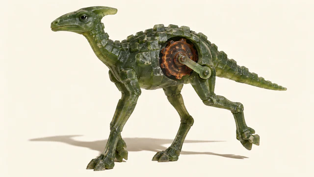 A scuffed translucent green resin dinosaur strides across an ivory background. A copper-colored wheel exposed in its flank connects to a raised hind leg, while hard light casts a long shadow.