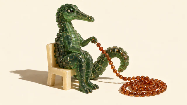 A skeptical green resin dinosaur sits on an ivory chair, holding copper-colored beads that trail into a coil on the floor. Hard light casts a long shadow across the warm ivory background.