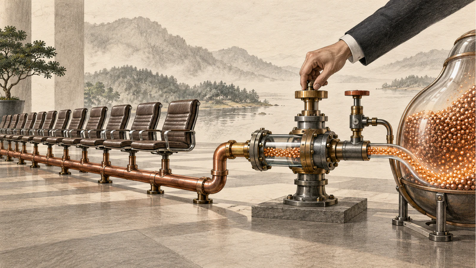 Enterprise seats connect to a base pipe while work flows through a separate metering valve and reservoir.