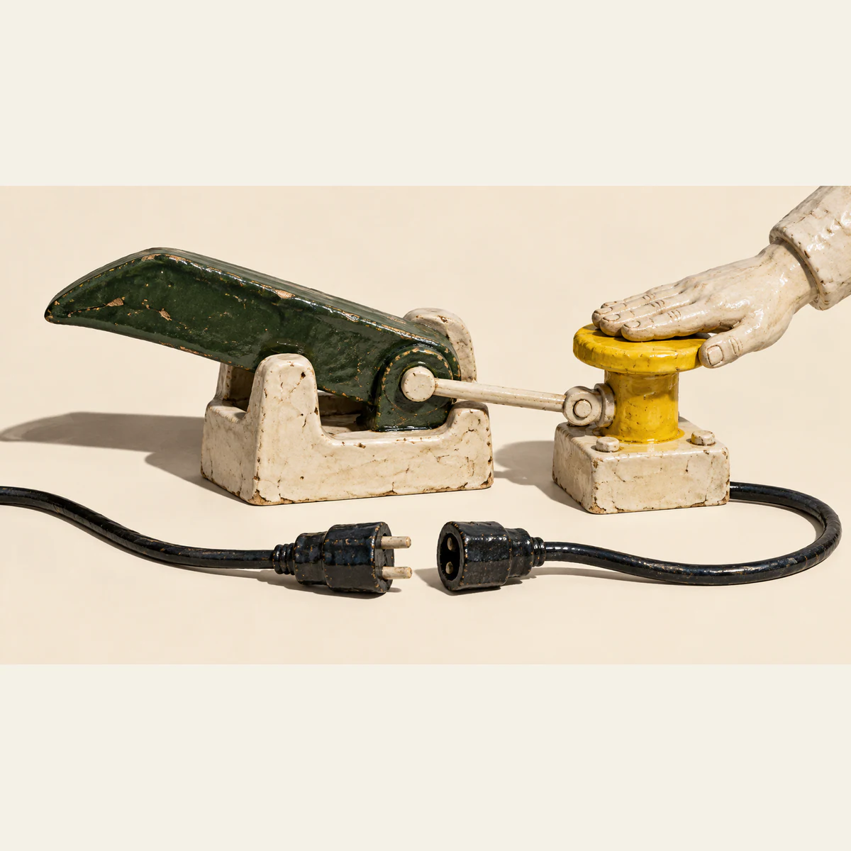A weathered ceramic hand presses a yellow stop button linked by a rod to a green hinged boom in an ivory cradle. Two black plug halves lie disconnected in front, casting hard shadows on a warm ivory background.