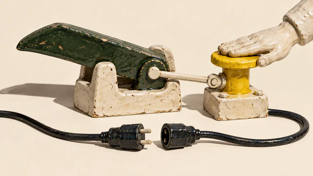 A weathered ceramic hand presses a yellow stop button linked by a rod to a green hinged boom in an ivory cradle. Two black plug halves lie disconnected in front, casting hard shadows on a warm ivory background.