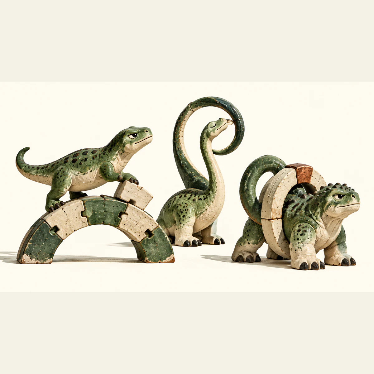 Three green-and-ivory ceramic dinosaurs on an ivory background: one stands on a puzzle-piece arch, one curls its tail around its head, and one wears an arch around its body. Chipped glaze, copper accents and hard shadows emphasize handmade construction.