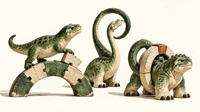 Three green-and-ivory ceramic dinosaurs on an ivory background: one stands on a puzzle-piece arch, one curls its tail around its head, and one wears an arch around its body. Chipped glaze, copper accents and hard shadows emphasize handmade construction.
