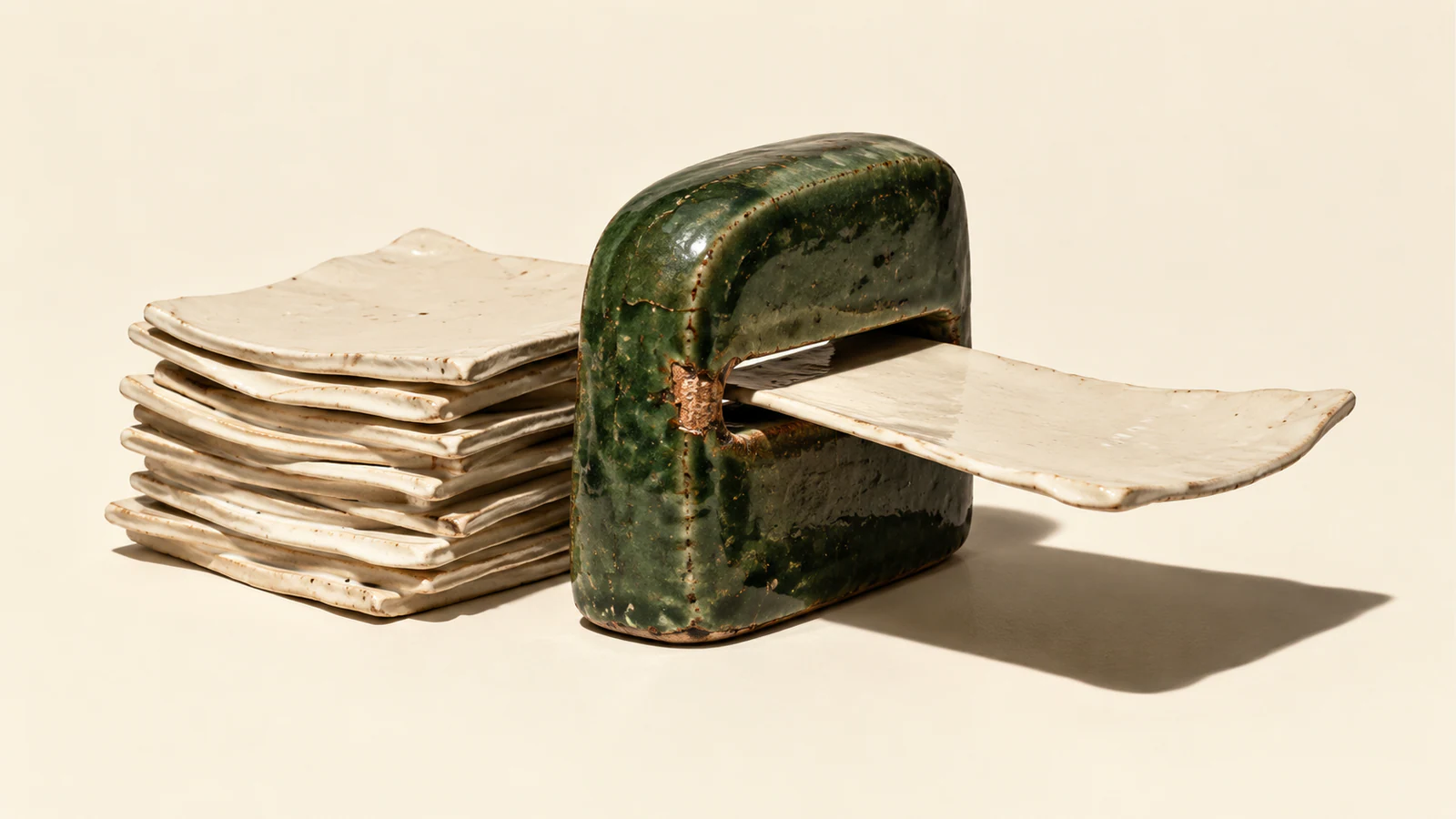 Uneven ivory ceramic sheets stack behind a chipped forest-green ceramic gateway, with one sheet extending through its narrow slot. Hard shadows fall across a warm ivory background.