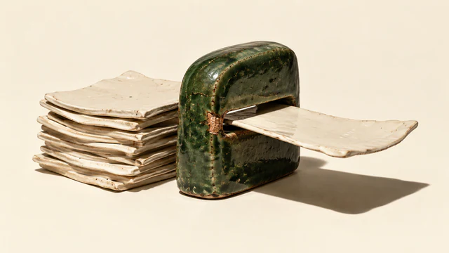 Uneven ivory ceramic sheets stack behind a chipped forest-green ceramic gateway, with one sheet extending through its narrow slot. Hard shadows fall across a warm ivory background.
