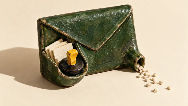 A weathered green ceramic envelope holds ivory page-shaped tiles behind a black stopper with a yellow handle. A separate open spout spills pale granules onto an ivory surface, casting a strong sideways shadow.
