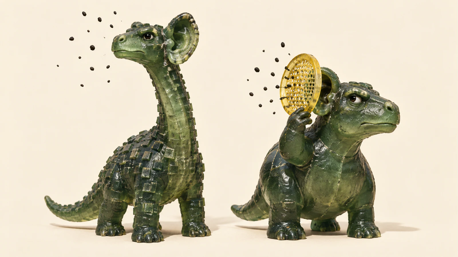 Two translucent green resin dinosaurs stand on an ivory ground amid floating dark flecks. The tall dinosaur has an oversized exposed ear; the squat dinosaur holds a yellow sieve before its ear. Rough seams, bubbles and shadows emphasize handmade construction.