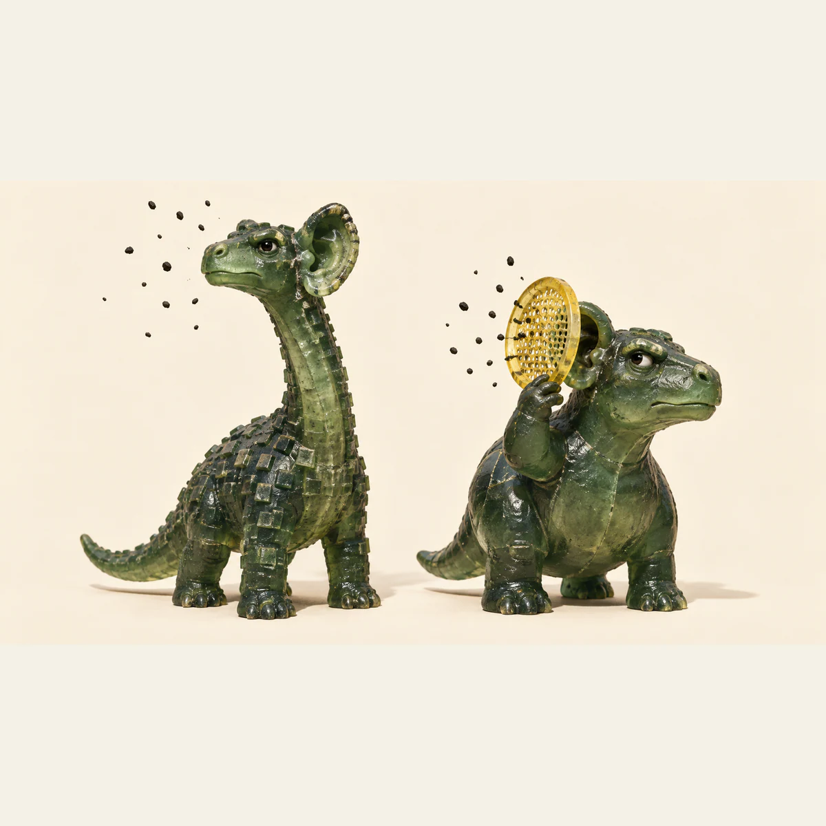 Two translucent green resin dinosaurs stand on an ivory ground amid floating dark flecks. The tall dinosaur has an oversized exposed ear; the squat dinosaur holds a yellow sieve before its ear. Rough seams, bubbles and shadows emphasize handmade construction.