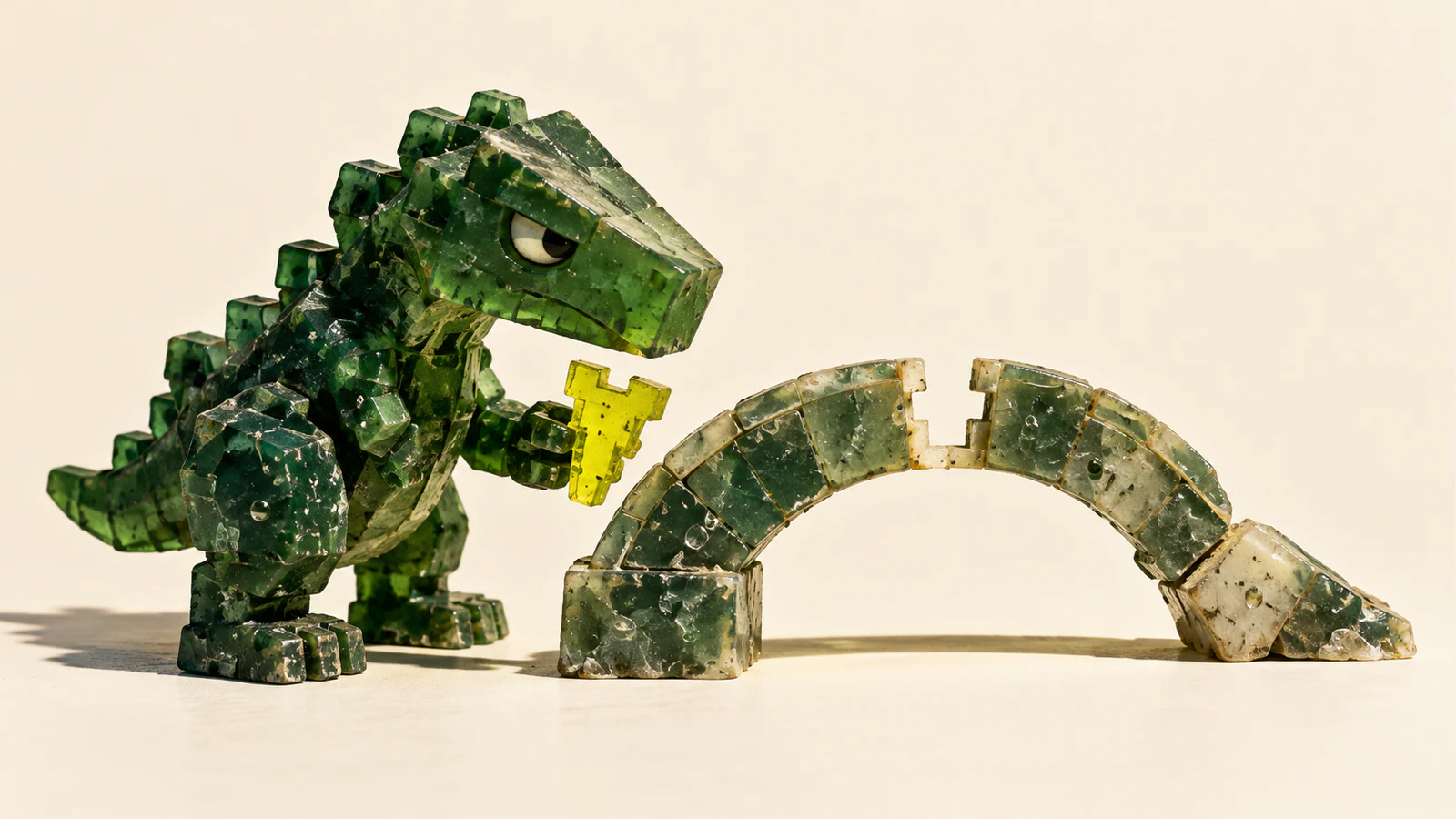 A skeptical green resin dinosaur holds a yellow fitted piece beside a notched miniature arch with a slumped right support, casting hard shadows on ivory.