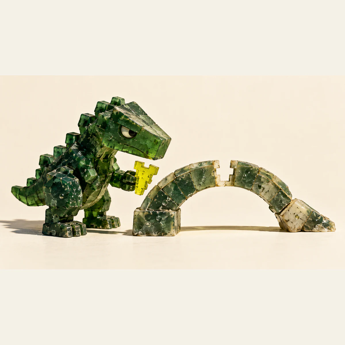 A skeptical green resin dinosaur holds a yellow fitted piece beside a notched miniature arch with a slumped right support, casting hard shadows on ivory.
