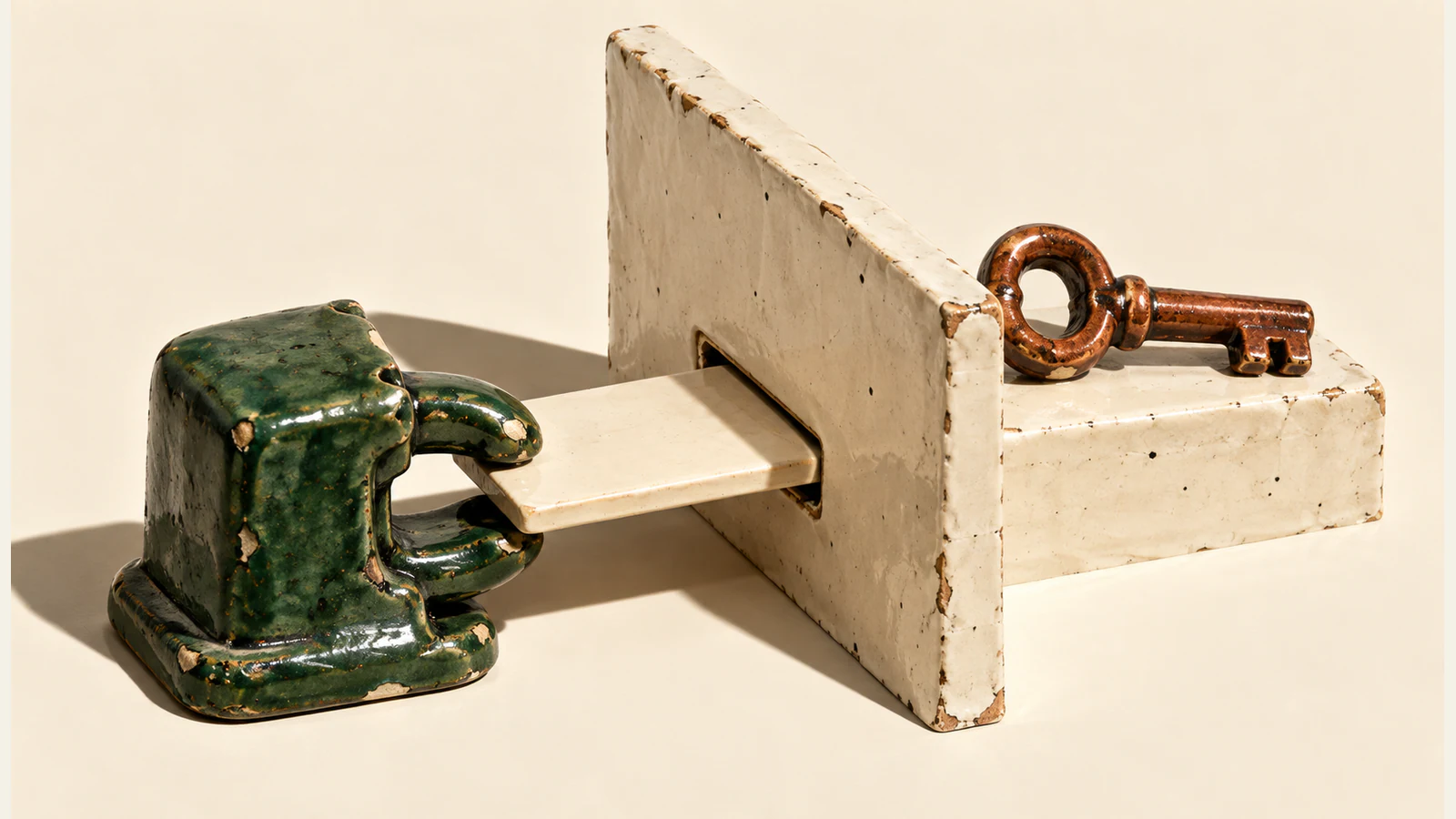 A chipped green ceramic clamp grips an ivory tile through a narrow slot in a ceramic partition. A copper-colored ceramic key rests on the opposite side, against a warm ivory background with hard shadows.