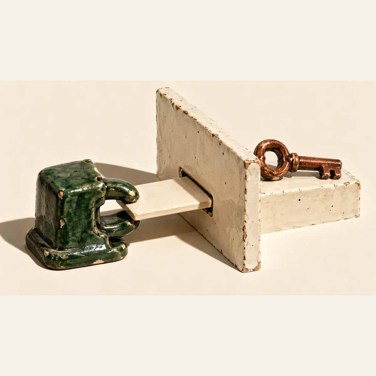 A chipped green ceramic clamp grips an ivory tile through a narrow slot in a ceramic partition. A copper-colored ceramic key rests on the opposite side, against a warm ivory background with hard shadows.