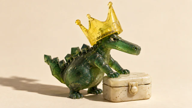 A skeptical green resin dinosaur wearing an oversized translucent yellow crown presses both paws onto an ivory case, casting a long shadow across a warm cream background.