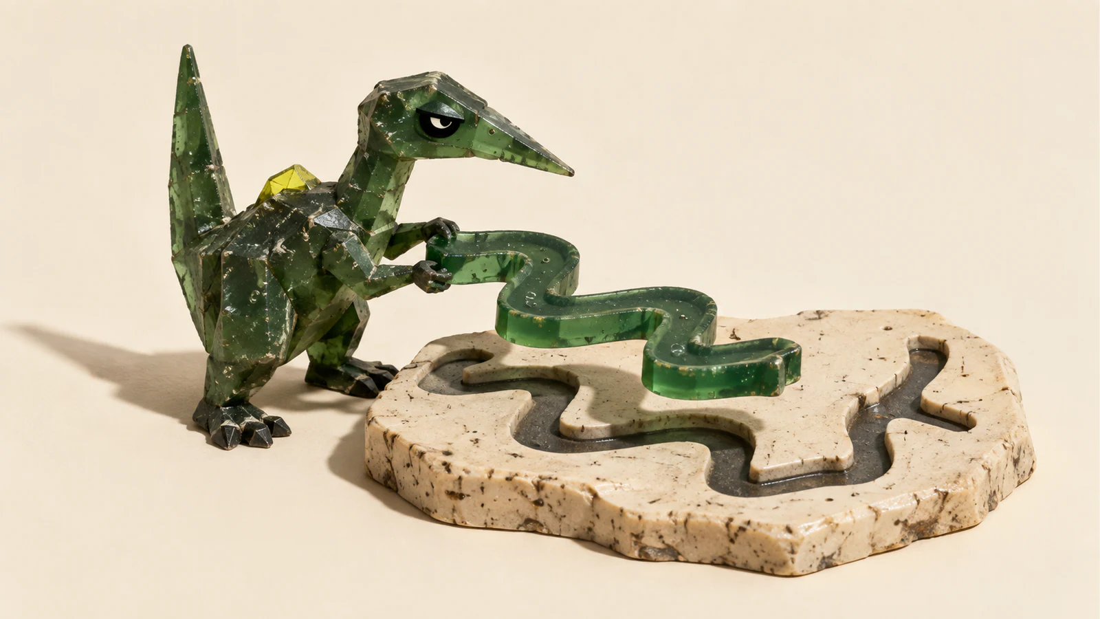 A skeptical green resin dinosaur lifts a winding green insert above a grooved ivory slab. Bubbles, scuffs, a yellow dorsal accent and hard shadows give the miniature a handmade appearance.