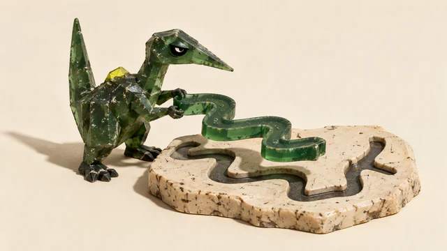 A skeptical green resin dinosaur lifts a winding green insert above a grooved ivory slab. Bubbles, scuffs, a yellow dorsal accent and hard shadows give the miniature a handmade appearance.