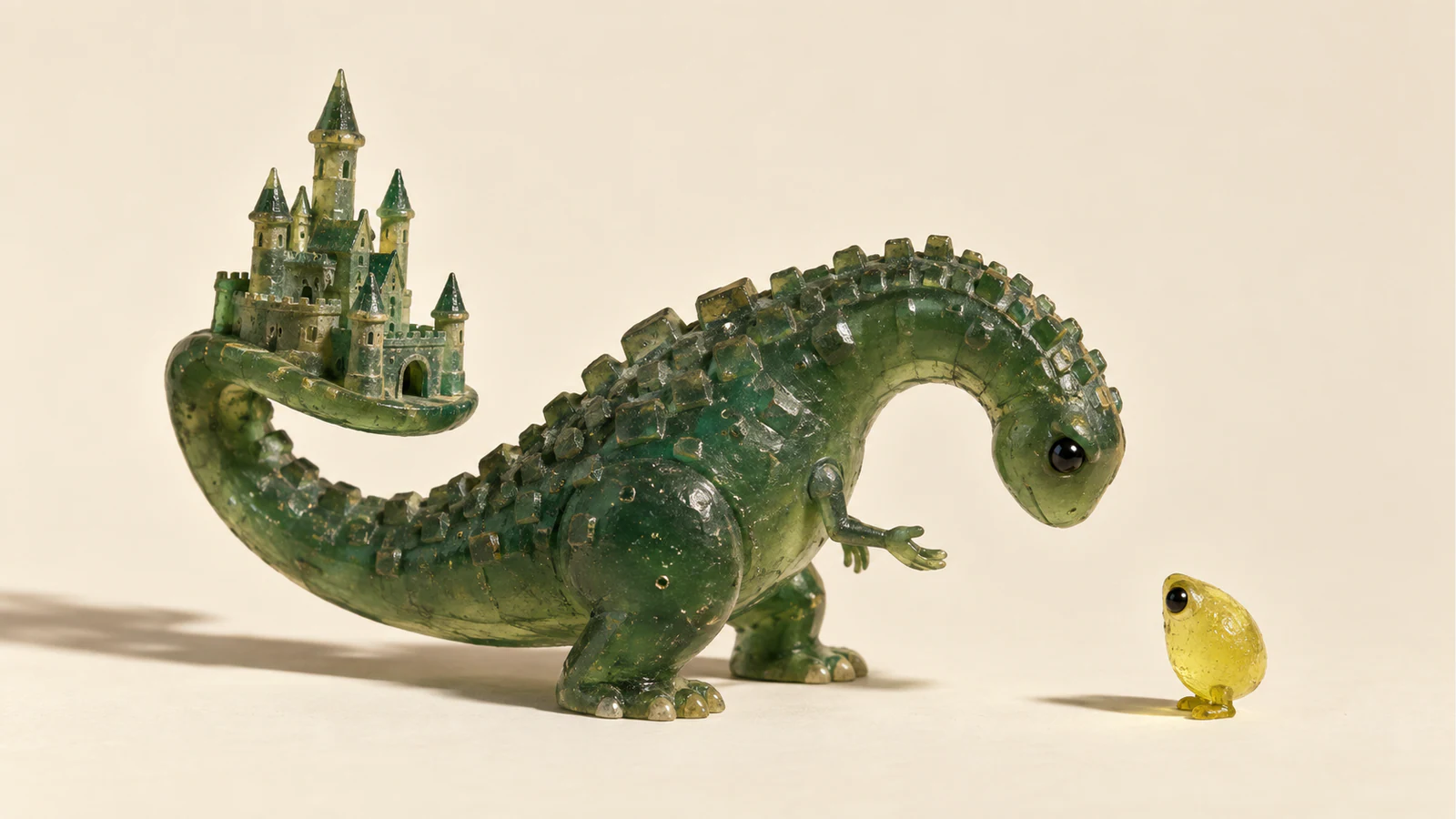 A translucent green resin dinosaur balances a miniature castle on its curled tail while extending an open hand toward a tiny yellow creature. They face each other across a gap on an ivory background, casting long shadows.