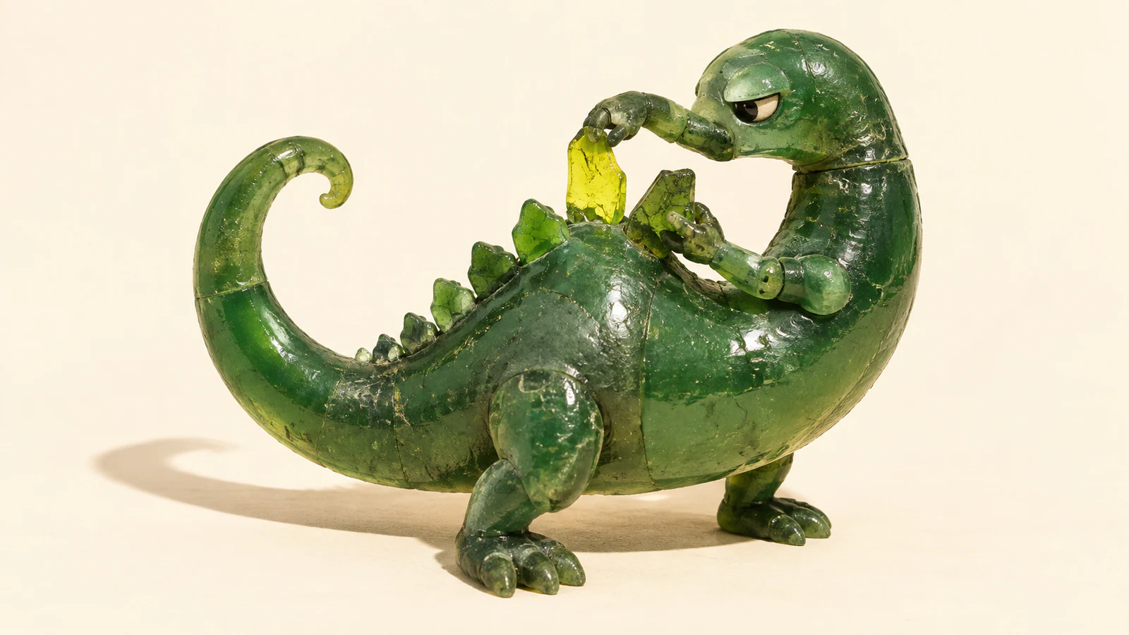 A scuffed translucent green resin dinosaur holds a yellow scale above its back while steadying a tilted green scale, casting a long shadow on warm ivory.