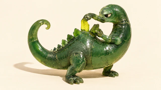 A scuffed translucent green resin dinosaur holds a yellow scale above its back while steadying a tilted green scale, casting a long shadow on warm ivory.