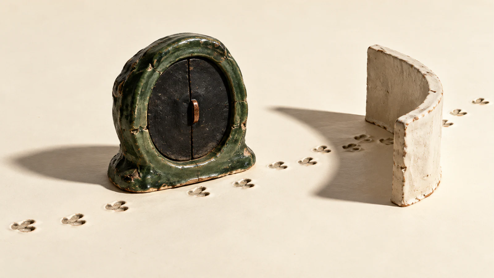 A chipped forest-green ceramic portal with closed black shutters stands beside footprints crossing an ivory surface and passing behind a curved ceramic wall. Hard shadows emphasize the handmade textures.