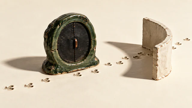 A chipped forest-green ceramic portal with closed black shutters stands beside footprints crossing an ivory surface and passing behind a curved ceramic wall. Hard shadows emphasize the handmade textures.
