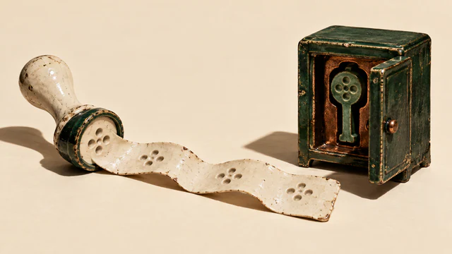 A scuffed ceramic stamp trails an ivory ribbon with repeated dimple patterns beside an open forest-green cabinet holding a key with matching dimples. Hard shadows fall across the warm ivory surface.