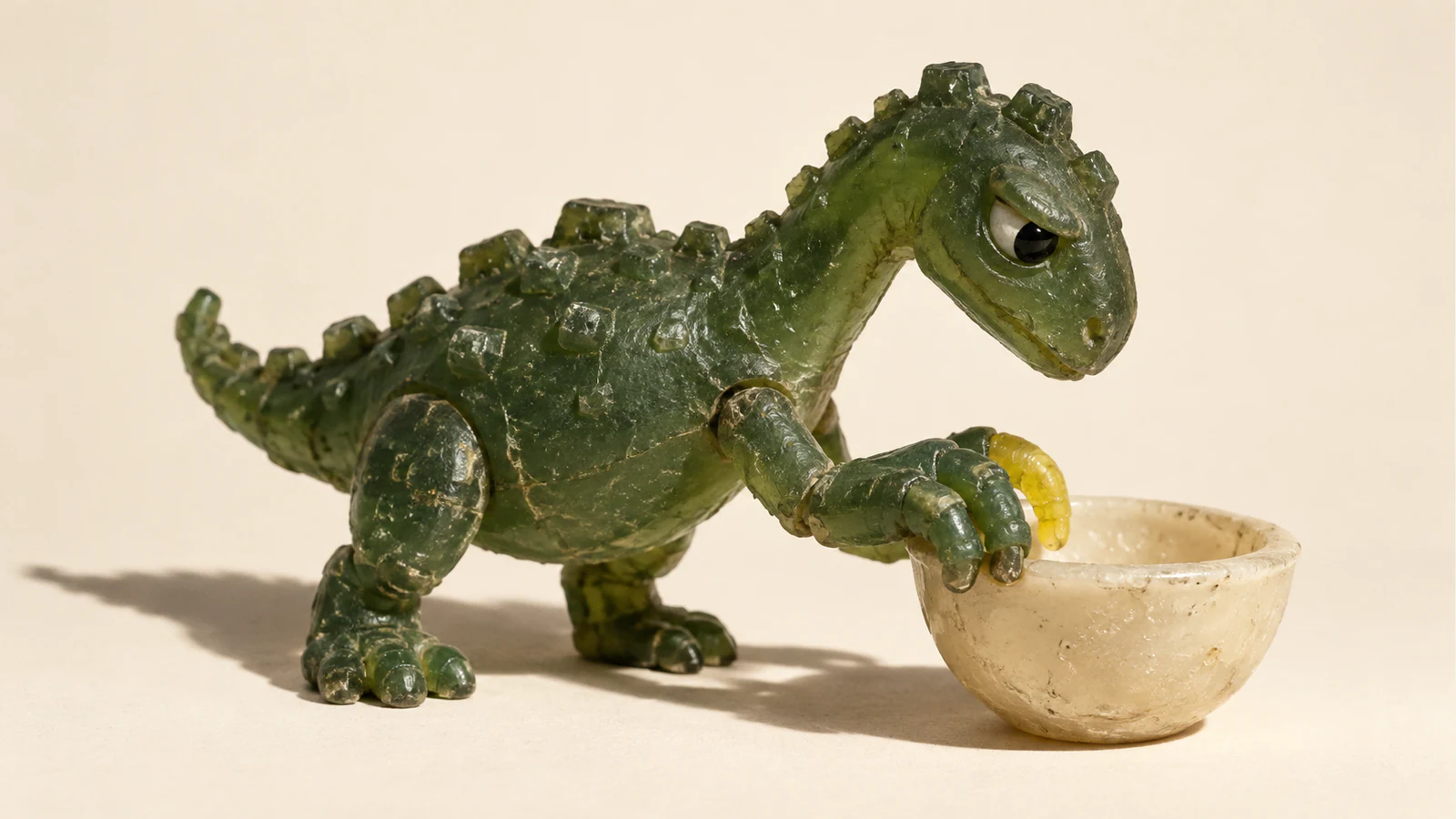 A scuffed translucent green resin dinosaur with a skeptical eye reaches over an ivory bowl, its green fingers joined by a yellow finger. Hard shadows fall across a warm ivory background.