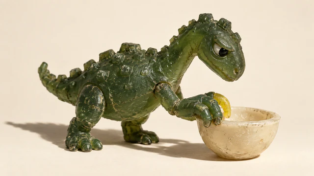 A scuffed translucent green resin dinosaur with a skeptical eye reaches over an ivory bowl, its green fingers joined by a yellow finger. Hard shadows fall across a warm ivory background.