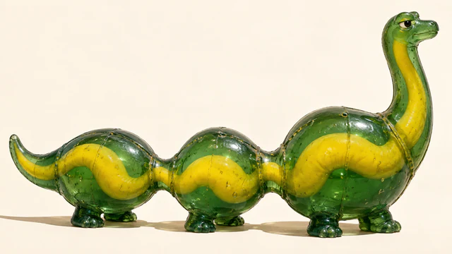 A translucent green resin dinosaur with three bulbous body sections, tiny feet and a skeptical eye contains a yellow strand squeezed through narrow joints. Casting seams, bubbles and a hard shadow appear against warm ivory.
