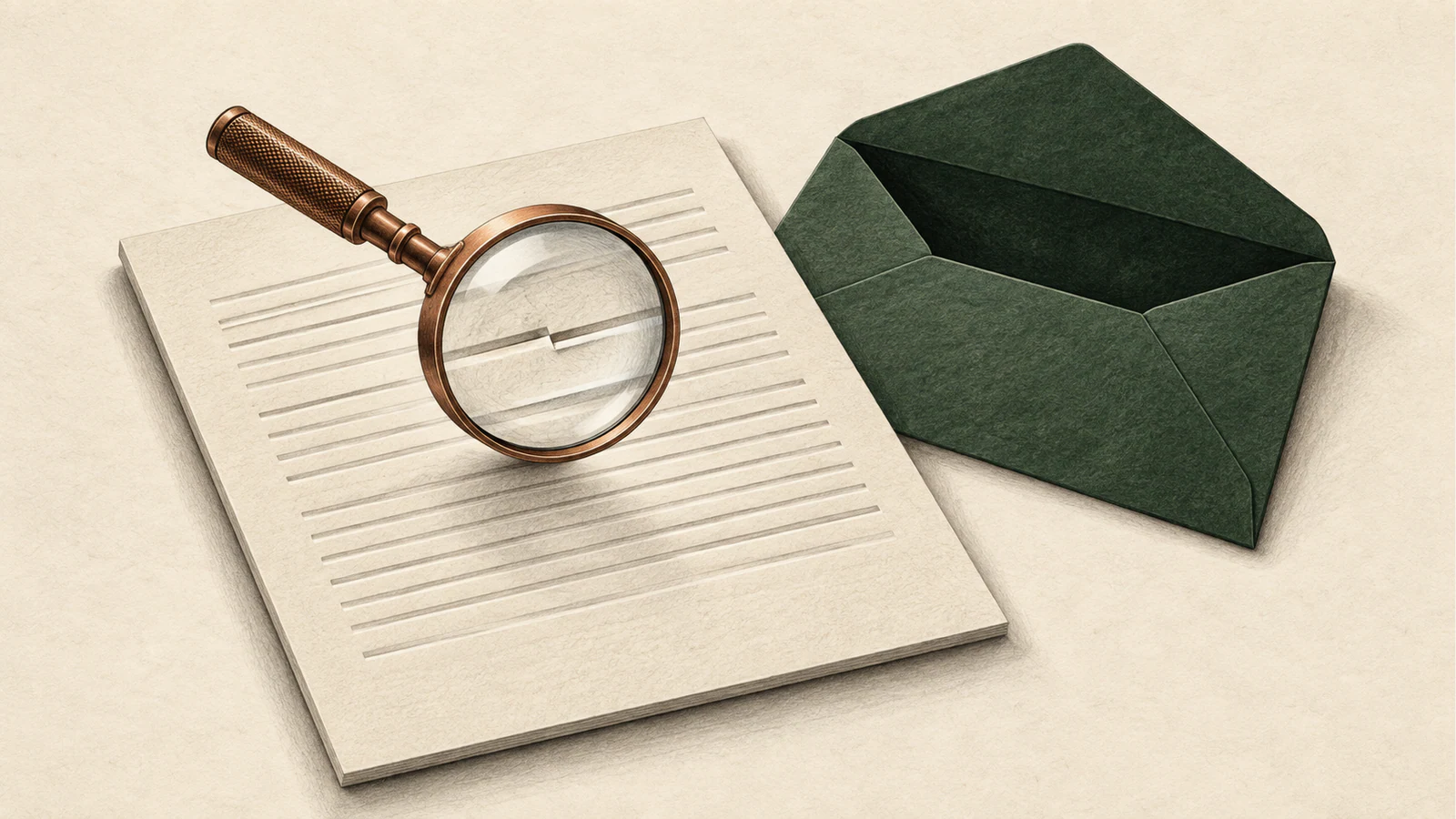 A copper magnifying glass enlarges a break in an embossed line on an ivory report sheet beside an open forest-green envelope, rendered in textured graphite shading.