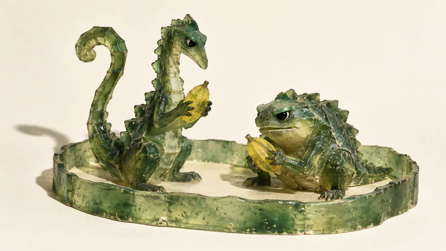 Two scuffed translucent green dinosaur creatures, one tall and one squat, each hold a separate yellow pod inside a low oval resin enclosure on an ivory background.