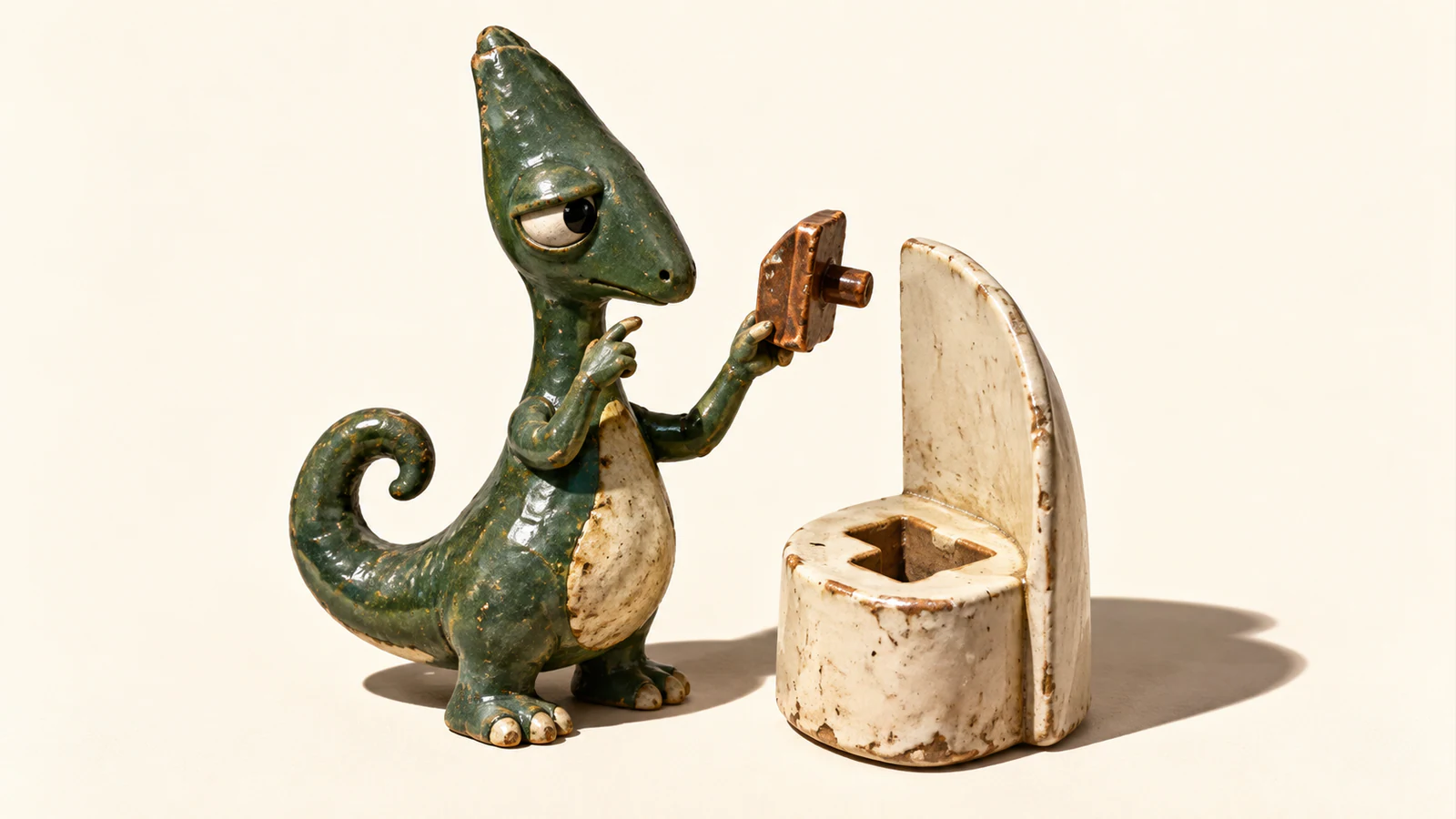A skeptical green ceramic dinosaur holds a copper-colored peg beside an ivory socket, raising one finger in hesitation. Chipped glaze and hard shadows give the miniature a handmade appearance.