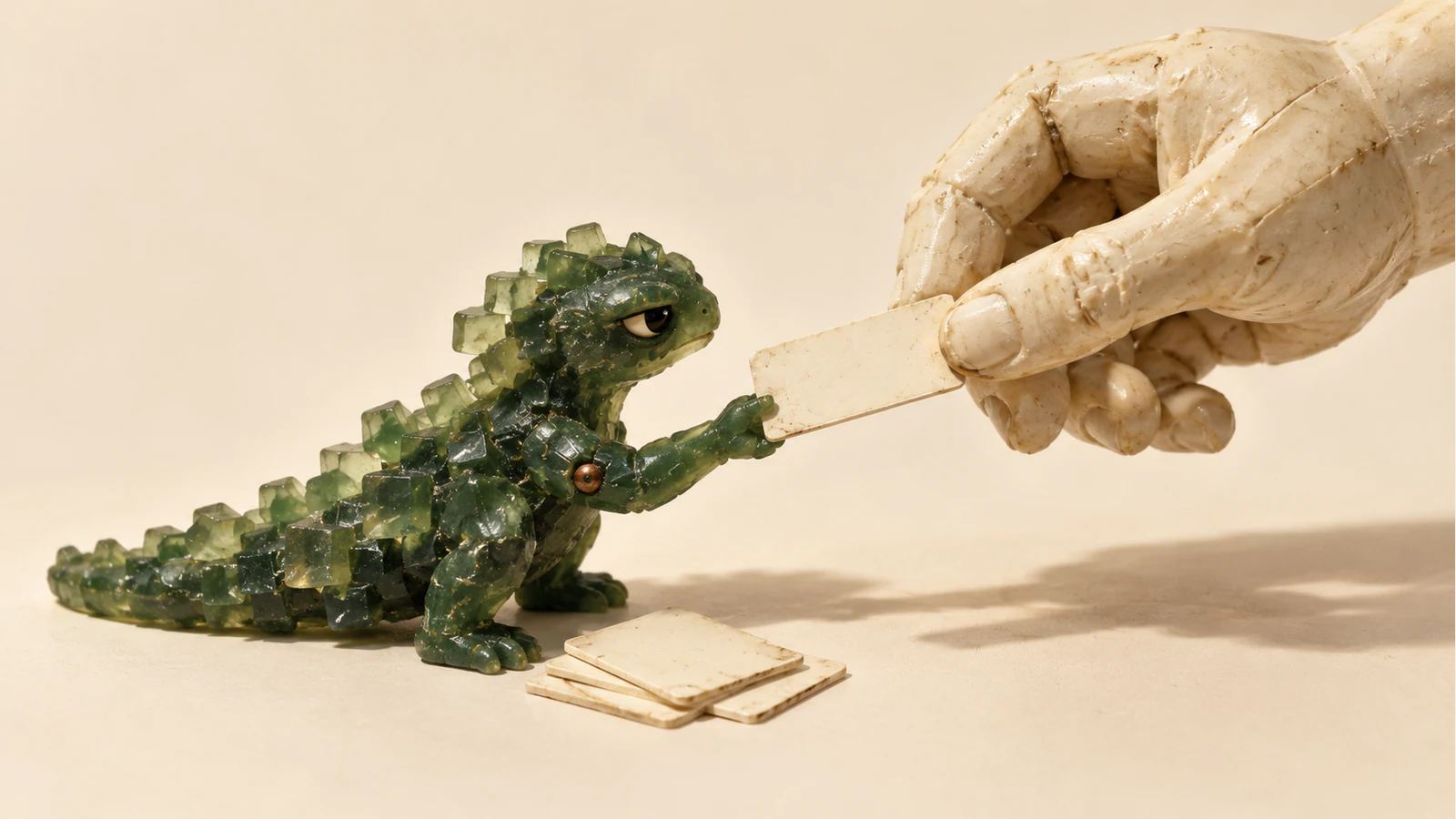 A translucent forest-green resin dinosaur and a large sculpted ivory hand hold opposite ends of a blank card. More blank cards lie below on a warm ivory surface, with hard shadows and visible handmade seams.