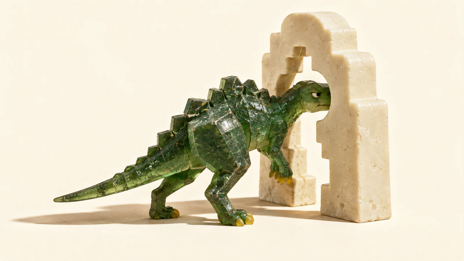 A translucent forest-green dinosaur with blocky back scales and yellow claws peers through a stepped ivory arch, its bulky body still outside. Hard shadows stretch across the warm-ivory ground.